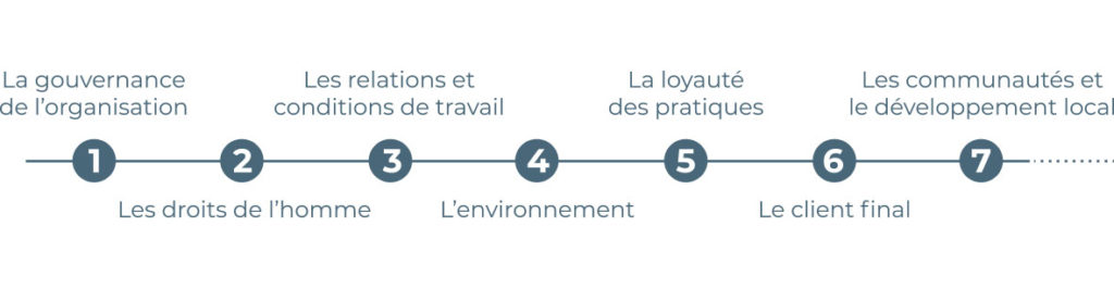 Actions : gouvernance de l'organisation, les droits de l'homme, les relations et les conditions de travail, l'environnement, la loyauté des pratiques, le client final, les communautés et le développement local